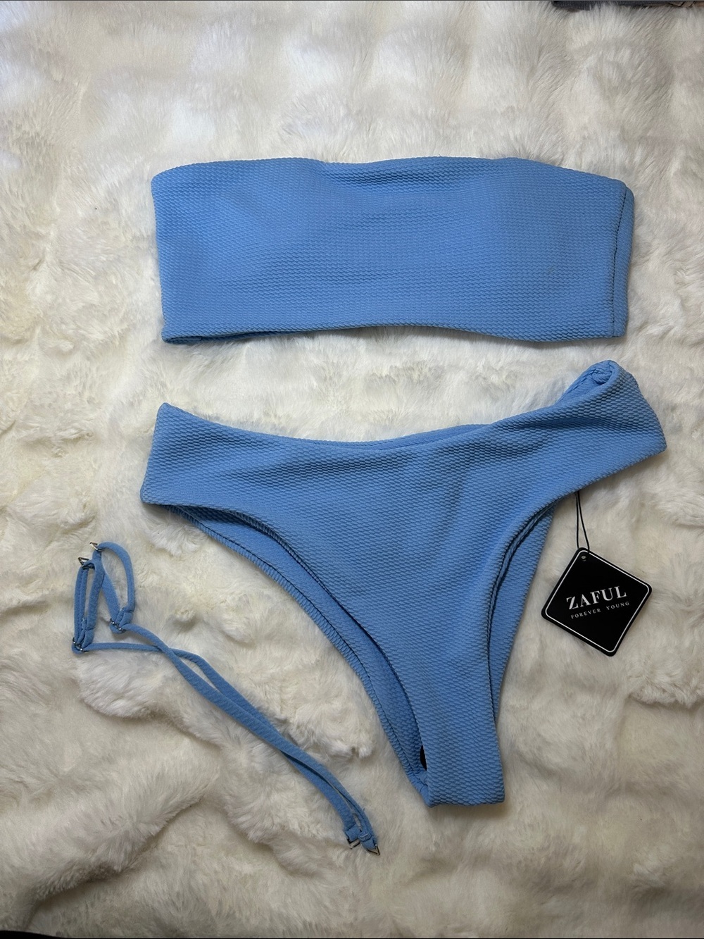 Zaful Light Blue Textured Bandeau Bikini Set with Removable Straps - Picture 1 of 4